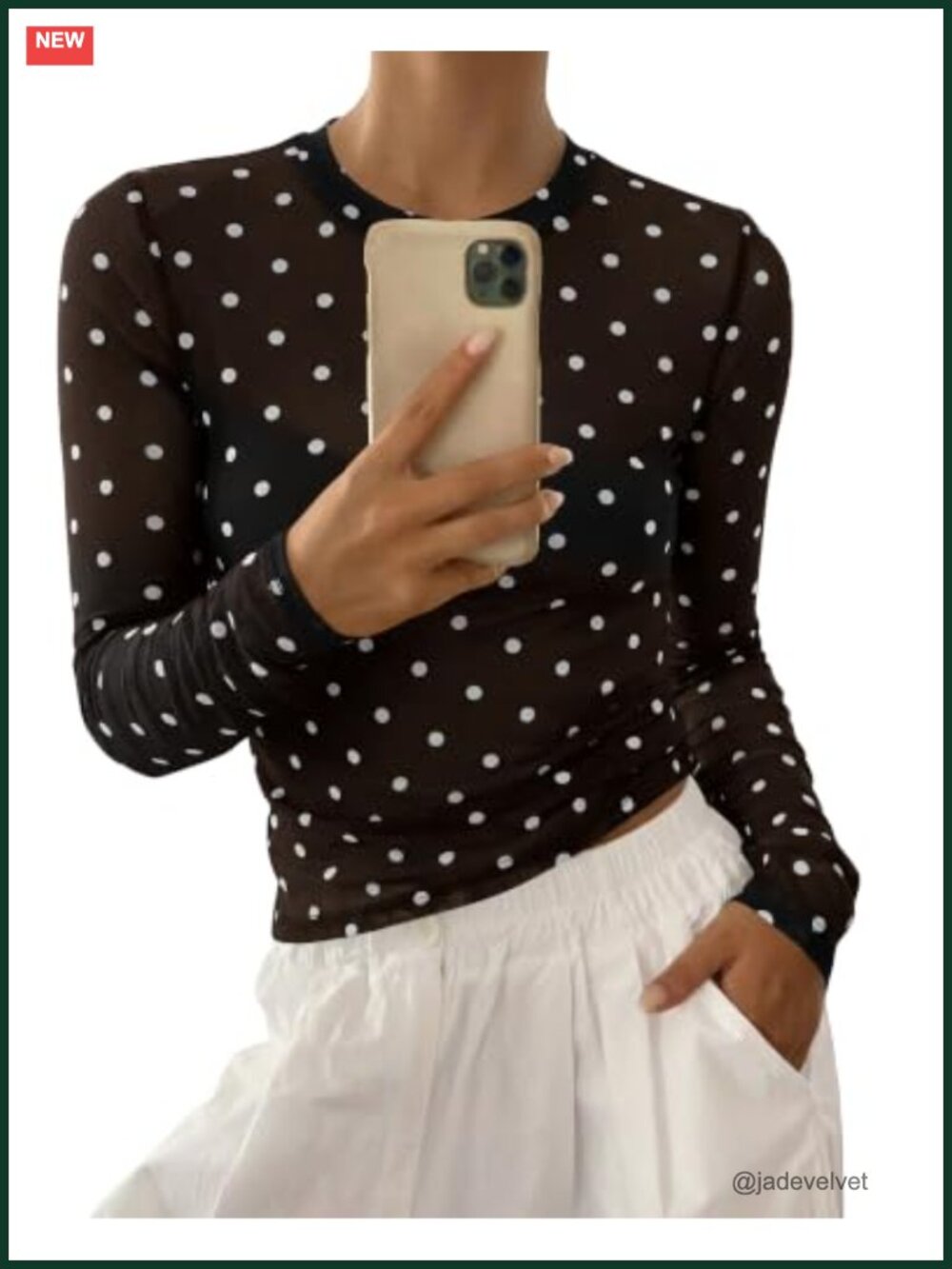 Women's Sheer Polka Dot Long Sleeve Crew Neck Mesh Blouse Top